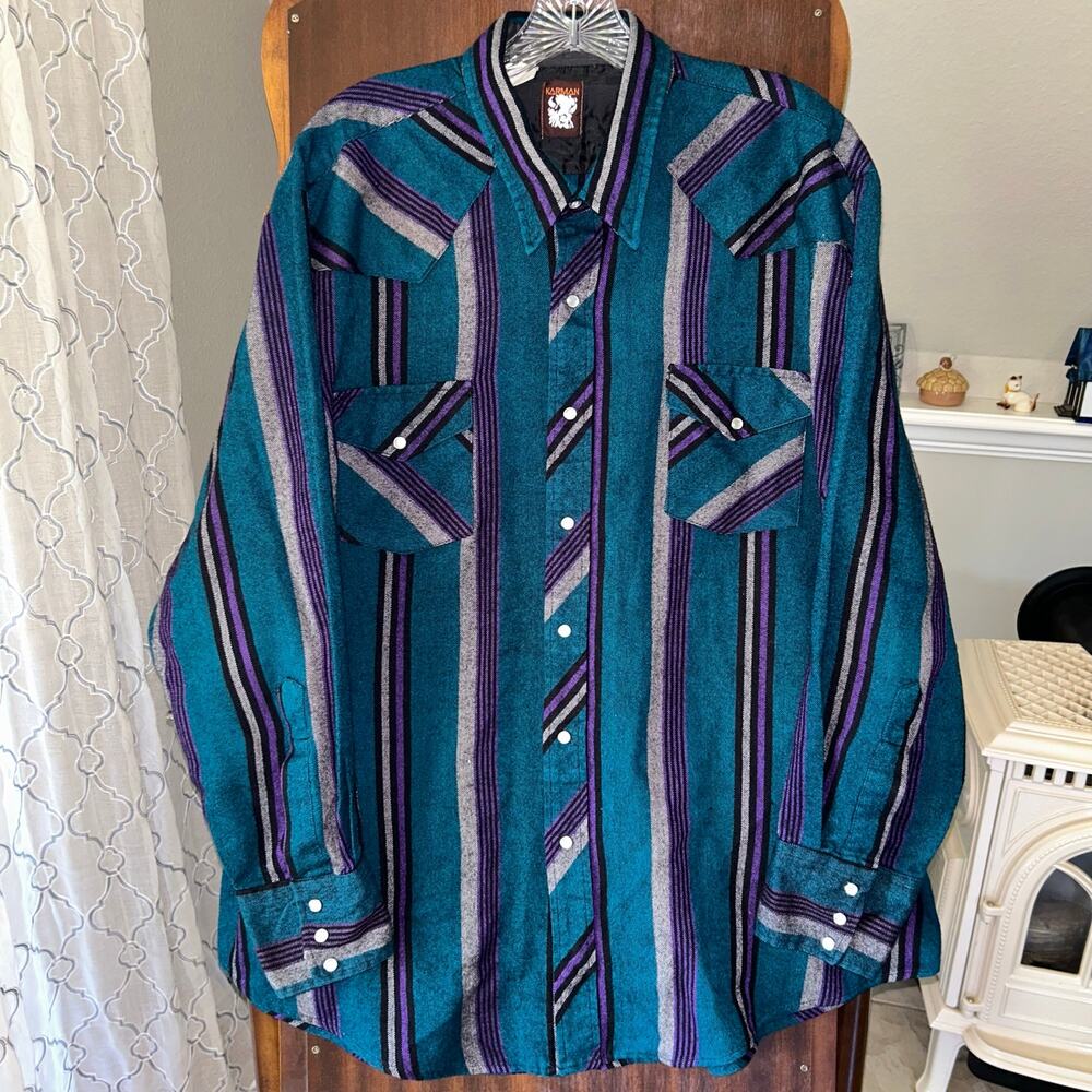 Vintage Karman Karivan Pearl Snap Western Cowboy Shirt Blue 2XL southwestern